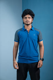 Dual-Tone Short Sleeve Zipper Collar T-Shirt for Men Trending Korean Fit-Ink Blue